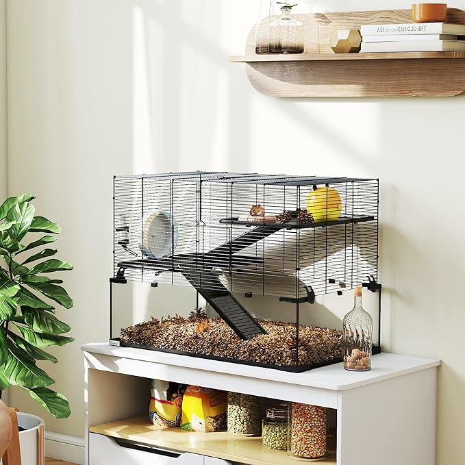 PawHut Large Hamster Cage with Deep Tempered Glass Bottom, 3 Tiers Hamster Tank with Running Wheel, Hut, Water Bottle, Dish, Rat Cage for Syrian, Dwarf, Gerbils, Mouse, 30" x 19" x 21.5", Black