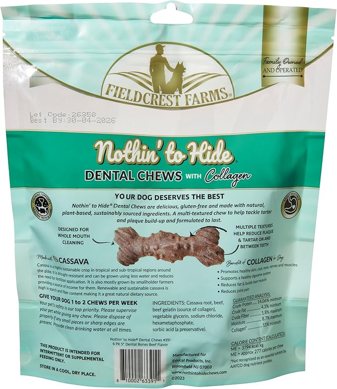Fieldcrest Farms Dental Chews for Dogs, Bone (5inches, 6count Pack) – Tackles Plaque, Tartar, Promotes Dental Health – w/Collagen, Organic, Gluten-Free