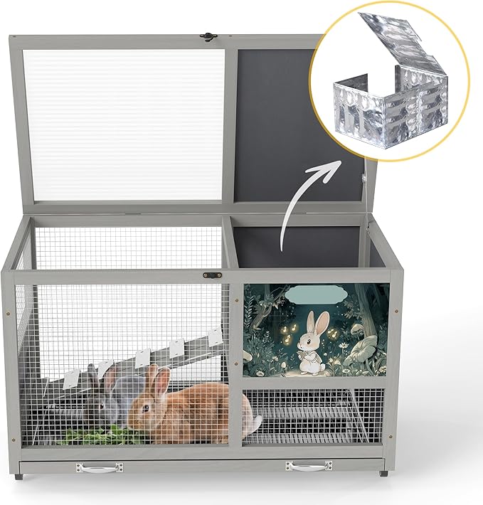 COZIWOW 36.5-Inch Double-Decker Wooden Insulated Rabbit Hutch with Wheels, Heated Rabbit Cage Featuring A Cleaning Tray and Ladder—Stylish&Easy to Assemble（Grey and Warm）
