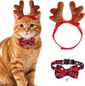 Cat Christmas Costume Reindeer Headband and Collar for Small Cat Dog Christmas Halloween Party Cosplay Supplies (Red Checkered)