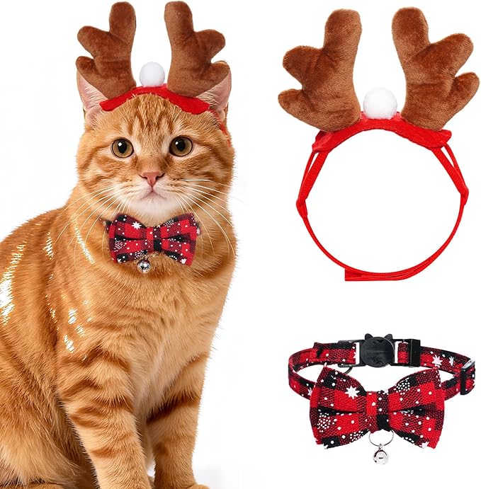Cat Christmas Costume Reindeer Headband and Collar for Small Cat Dog Christmas Halloween Party Cosplay Supplies (Red Checkered)