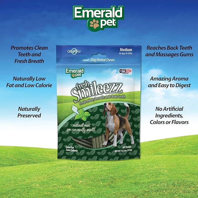 Emerald Pet Fresh Smileezz Grain Free Dog Dental Treats — Minty Fresh Breath and Clean Teeth for Medium Dog Breeds — Made in USA Medium, 12.5 Oz