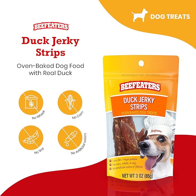 Beefeaters Duck Jerky Strips for Dogs 3oz (Pack of 6), Oven-Baked High Protein Dog Treats Duck Jerky - Low Fat Grain-Free Dog Snacks - No Corn, Wheat or Soy - Chewy Jerky Treats for Training & Rewards