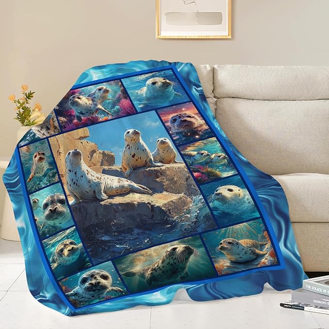 Seal Throw Blanket Ocean Seal Stuff Gifts for Kids Girls Boys Adults Women Men Soft Cozy Warm Plush Fluffy Fuzzy Fleece Blanket Decor 50''X60''