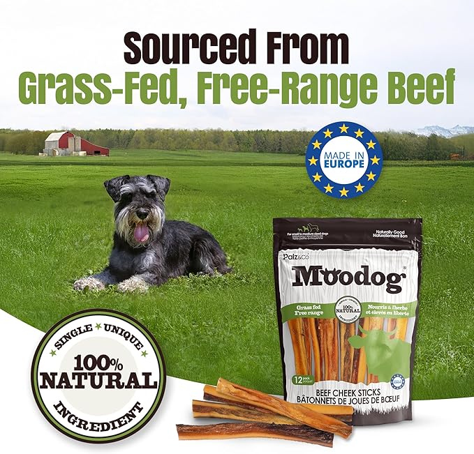 Palz&Co Moodog Beef Cheek Strips for Dogs - 12 Pack of 100% Natural Single Ingredient Treats - Grain Free, High Protein, Chewy & Crunchy Texture