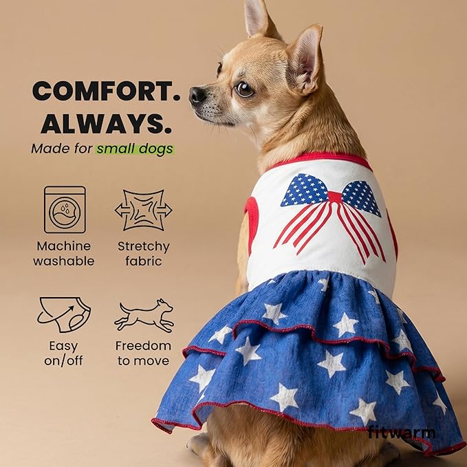 Fitwarm Patriotic Bowknot Tiered Ruffle Dog Dress, 4th of July Clothes for Small Dogs Girl, Pet Outfit, Royal Blue, Red, White, Small