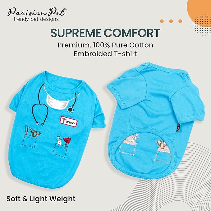 Parisian Pet Doctor Dog Costume - 100% Cotton Dog Clothes for Large Dogs - Lightweight Puppy Outfits - Funny French Bulldog Clothes - Sleeved Woof Shirt for Dogs - Stretchy and Stylish Pet Costume