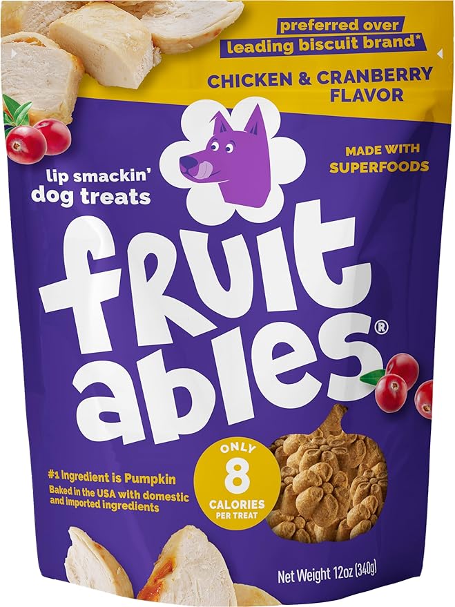 Fruitables Baked Dog Treats, Healthy Pumpkin Treat for Dogs, Low Calorie & Delicious, Made Without Wheat, Corn and Soy, Made in The USA, Allergy Friendly, Chicken and Cranberry Flavor, 12 oz