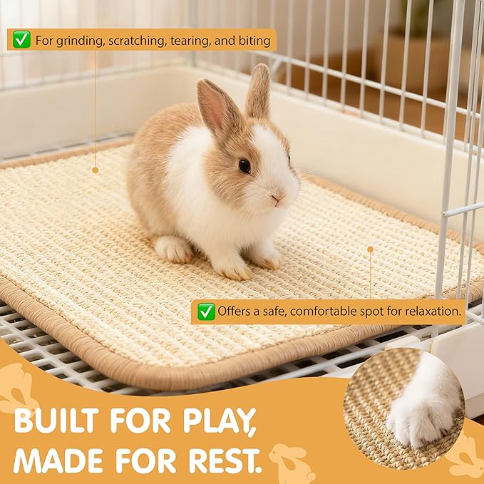 Rabbit Toys & Bunny Mat, Natural Sisal Nesting Pad Scratching Pad for Indoor Cage, 2-in-1 Bedding Mat & Chew Toy for Teething & Play, Helps Nail Health (2PCS, 16x12in)