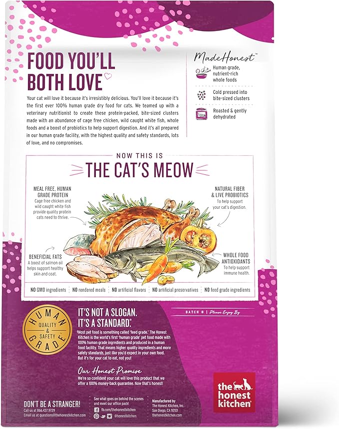 The Honest Kitchen Human Grade Whole Food Clusters Grain Free Chicken & Fish Dry Cat Food, 4 lb Bag