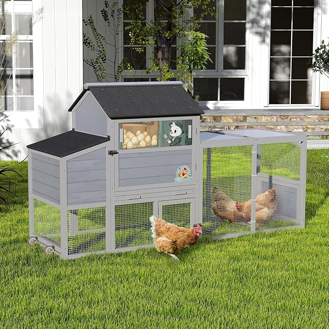 COZIWOW 82" Large Wooden Chicken Coop, Outdoor Rabbit Hutch with Wheels, Sunshine Board, Asphalt Roof, Ramp, Openable Top, Door, Window, Pull-Out Tray, Indoor Bunny Cage (Gray with Pattern)