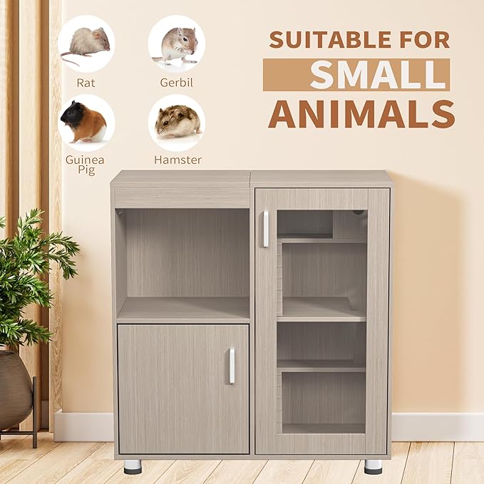 Hamster Cage Furniture with Storage Cabinet, House for Rat Chinchilla, 4-Tier Wood Habitat with Small Animal Cage for Rat, Hedgehog,Chinchilla with Openable Top (Wood)