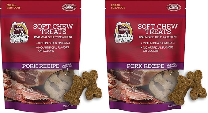 Country Kitchen Pork Soft Chew Dog Treats, Great Tasting, Made with Real Pork, Rich in DHA & Omega 3, 16 oz (Pack of 2)