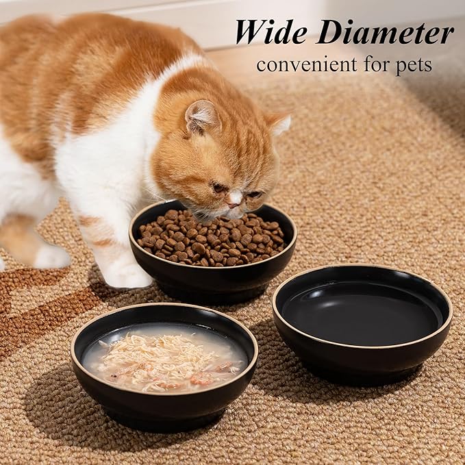 Cat Bowl Set of 3, Non Slip Dish Pet Cat Food Bowls, Shallow Water Bowl Cat Feeding Wide Bowls to Stress Relief of Whisker Fatigue, Pet Bowl for Dogs Rabbits Puppy Birds(Safe Food-Grade Ceramic) Gray