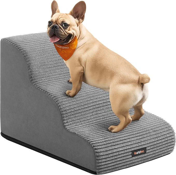 Feandrea 3-Step Dog Stairs, Dog Steps for Bed, Sofa, Waterproof Pet Stairs with Anti-Slip Designs, Gentle Slope, Removable Washable Cover, Handle, Dove Gray UPPS003G01