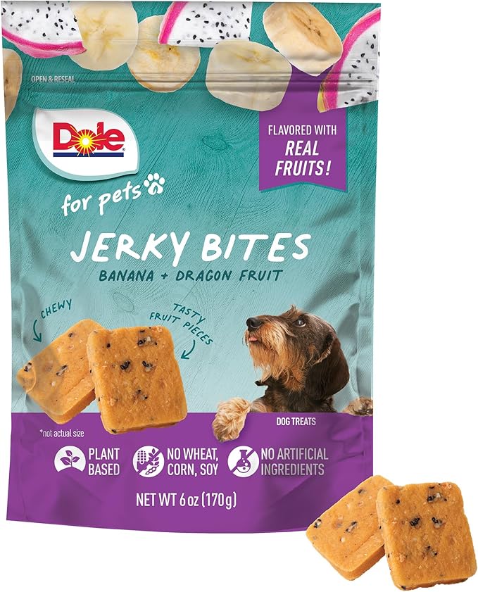 Dole for Pets Fruit Jerky Bites Dog Treats, Banana and Dragon Fruit Flavor, Chewy Treats Flavored with Real Fruit, No Wheat, Corn, Soy, Artificial Flavors, Colors, or Preservatives, 6 Oz