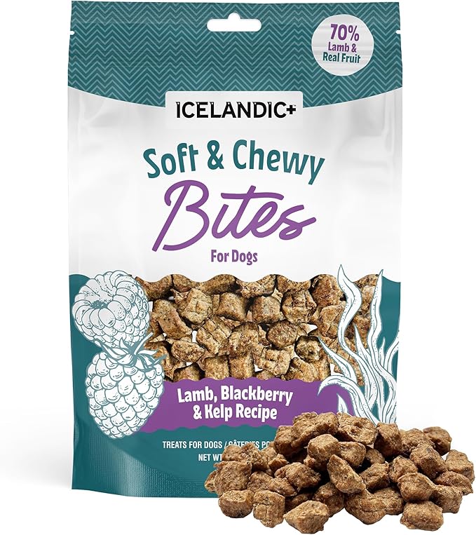 Icelandic+ Soft & Chewy Bites - Lamb, Berry & Kelp - 2.8oz Dog Treats, 70% Meat & Fruit, Air-Dried, Limited Ingredients, Pet Snack, Grain Free