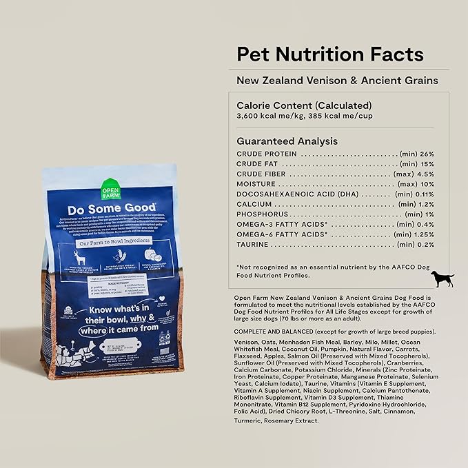 Open Farm, Ancient Grains Dry Dog Food, Protein-Rich & Nutrient Dense, 90% Animal Protein Mixed with Non-GMO Fruits, Veggies and Superfoods, New Zealand Venison Recipe, 22lb Bag