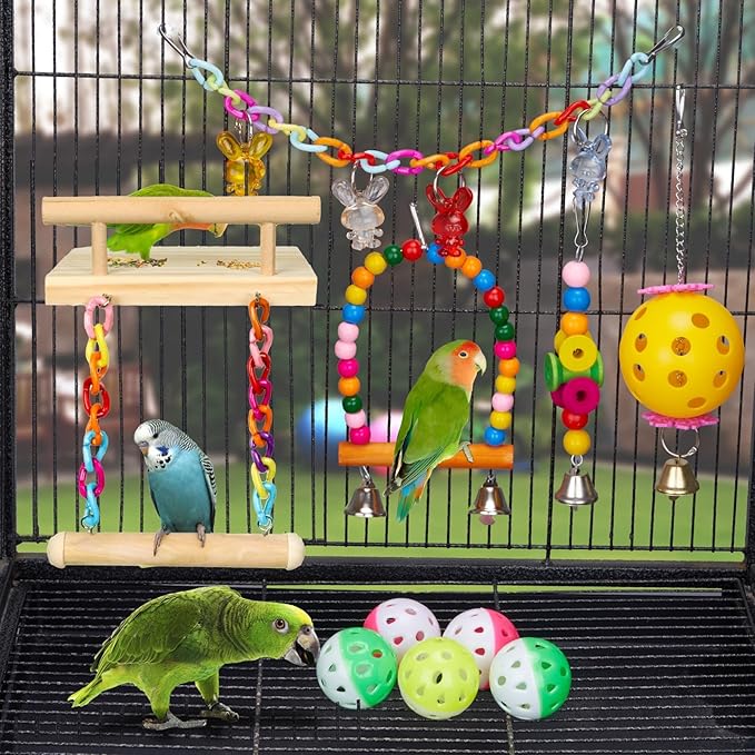 FrgKbTm 11Pcs Bird Platform Stands Swing Hanging Chewing Toy Parrot Climbing Ladder Colorful Bird Cage Toys for Parakeet, Conure, Cockatiel, Love Birds, Finches