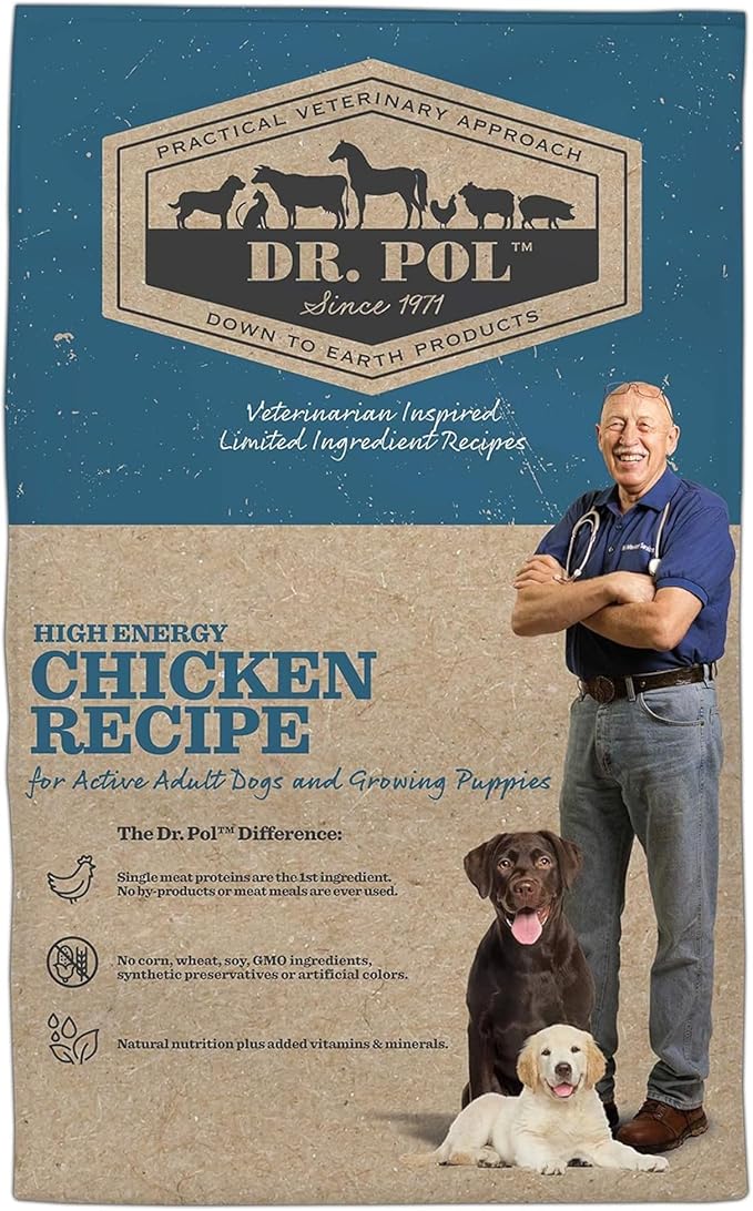 Dr. Pol Limited Ingredient Chicken Dog Food - High Energy Dry Kibble for Active Dogs, All Breed and Life Stages, Vet Formula for Sensitive Stomach, Allergies, and Weight Control, 4 lb Bag