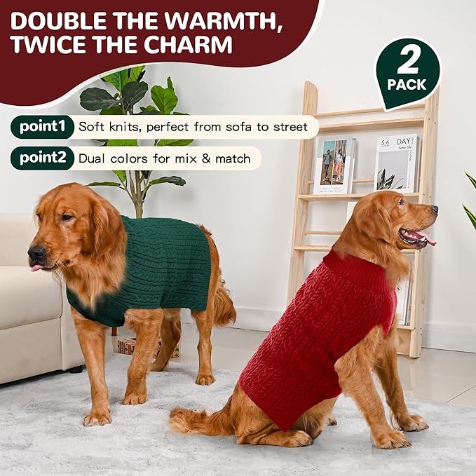 2 Pack Dog Sweaters for Large Dogs Winter Turtleneck Pullover Cable Knit Fleece Stretch Pitbull Labrador Golden Retriever Doberman Bulldog Boy Girl Pet Clothes (XXL, Red & Green)