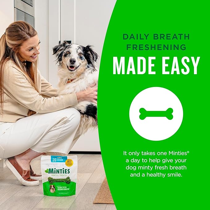 Minties Dental Chews for Dogs, 12 Count, Vet-Recommended Mint-Flavored Treats for Large Dogs Over 50 lbs, Dental Bones Clean Teeth, Fight Bad Breath, and Removes Plaque and Tartar