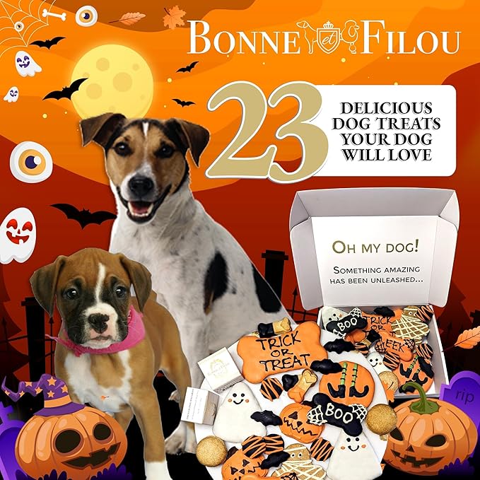 Bonne et Filou Dog Treats, Gift Box Human Grade Gourmet Treats 23 Luxury Spooky Delights with Dog Macarons, Truffles & Bones Healthy Snacks for Small to Large Breeds
