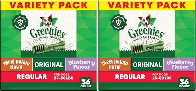 Greenies Veterinarian-Recommended Natural Dental Dog Treats, Dental Chews for Dogs, Regular Size, Variety, 12 oz, 36 Count (Pack of 2)