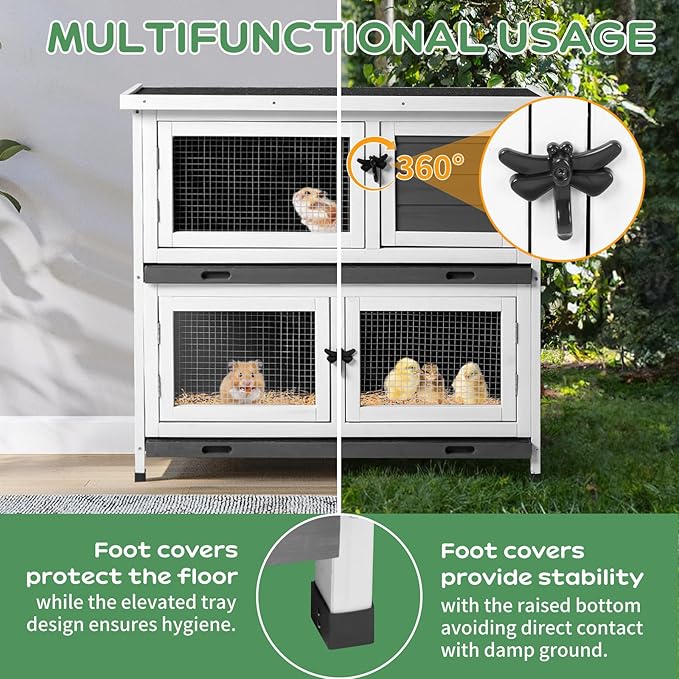2 Story Solid Wood Rabbit/Bunny Hutch with 2 Large Main Rooms, Indoor Outdoor Rabbit House Guinea Pig Cage Pet House for Small Animals with Ventilation Door Removable Tray Waterproof Roof (Grey)