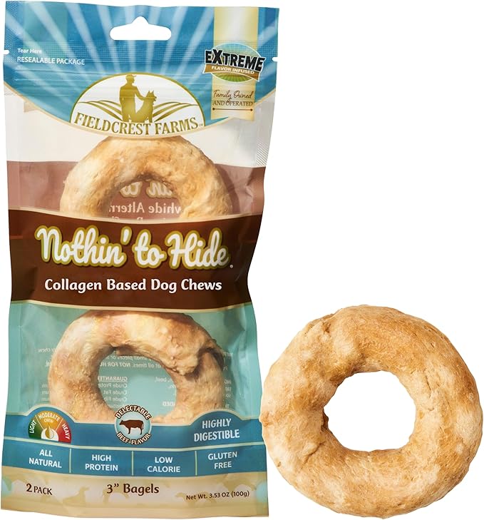 Fieldcrest Farms Nothin’ to Hide Bagel Beef Flavor – Collagen-Based Rawhide Alternative Dog Chews for Small Dogs Up to 25 lbs, Highly Digestible, Promotes Healthy Teeth & Gums, 3-Inch, 2 Pack