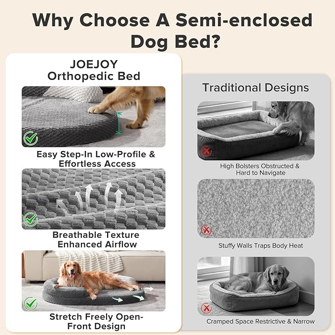 JOEJOY Orthopedic Dog Beds Large Sized Dog, Washable Waterproof Oval Large Dog Bed with Removable Cover, Big Egg-Crate Memory Foam Pet Bed with Bolster Sides & Non-Skid Bottom, Dark Grey, 36''x27''
