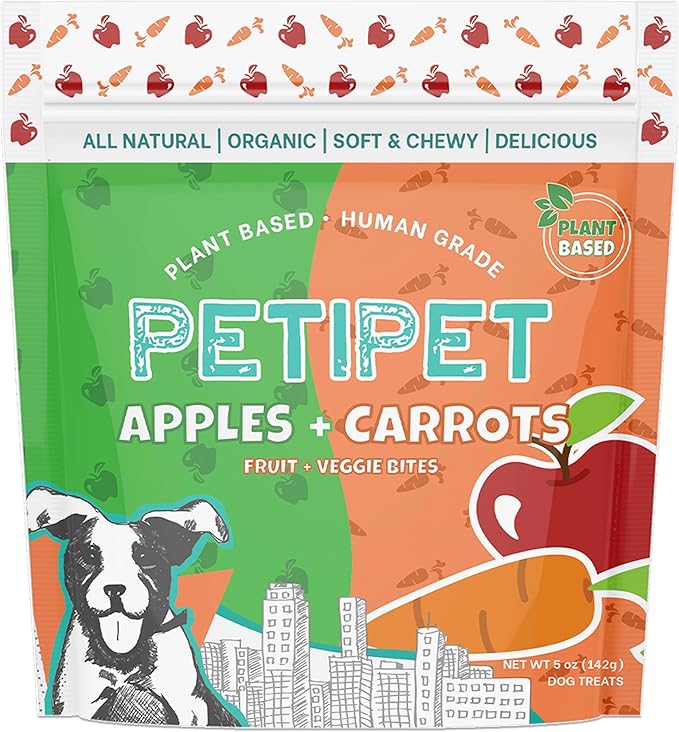 PETIPET Apples+Carrots Plant-Based Fruit Dog Treats - Carrot and Apple Soft & Chewy - Healthy Vegetarian, Vegan Dog Treats with Organic Ingredients - Low-Protein, Hypoallergenic, Gluten-Free