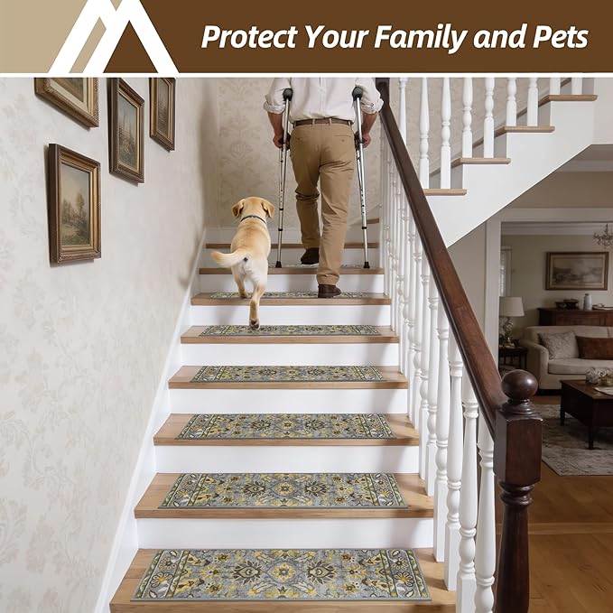 COSY HOMEER-Stair-Treads-for-Wooden-Steps Washable Indoor Carpet Stair Treads Non Slip 8" X 30" Soft Stair Carpet Treads Reusable Peel and Stick Stair Runner Rug for Kids, Elders and Pets 4pcs