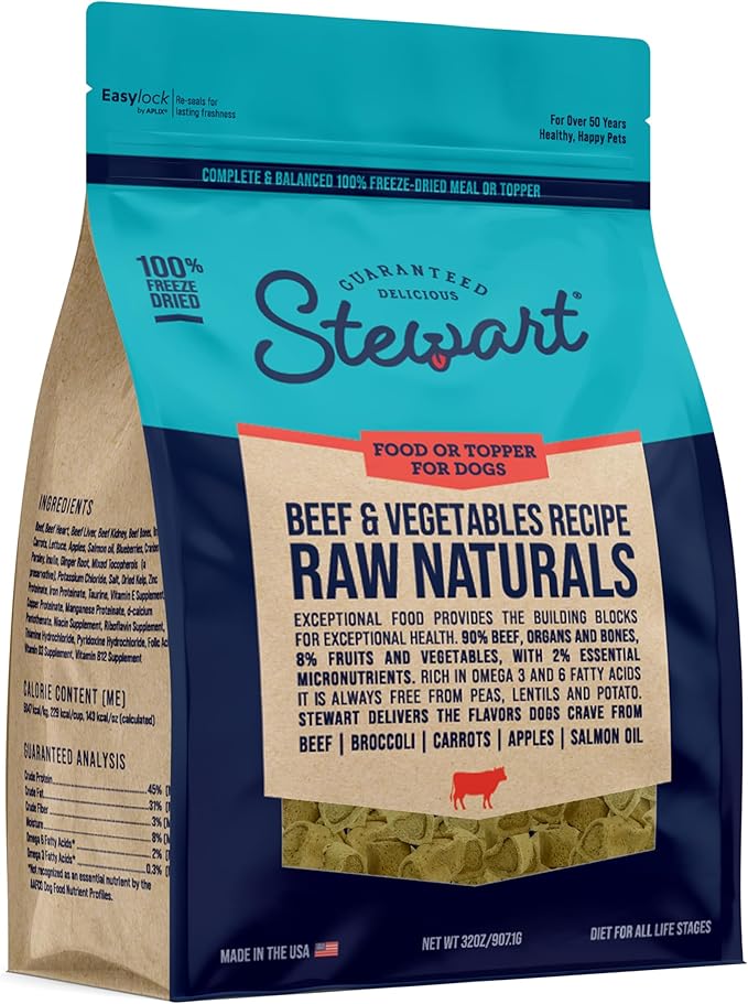 Stewart Raw Naturals Freeze Dried Raw Dog Food or Meal Topper, Beef & Vegetables Recipe, 32 Ounce Bag, Complete and Balanced Nutrition
