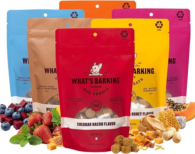 What's Barking Soft Bites, Soft Chewy Dog Treats for Training or Snacking, Pet Essentials, Bite Size Pieces for Dogs, Natural Ingredients, Made in USA, Resealable Bag, Ultimate Variety Pack, 6 Pack