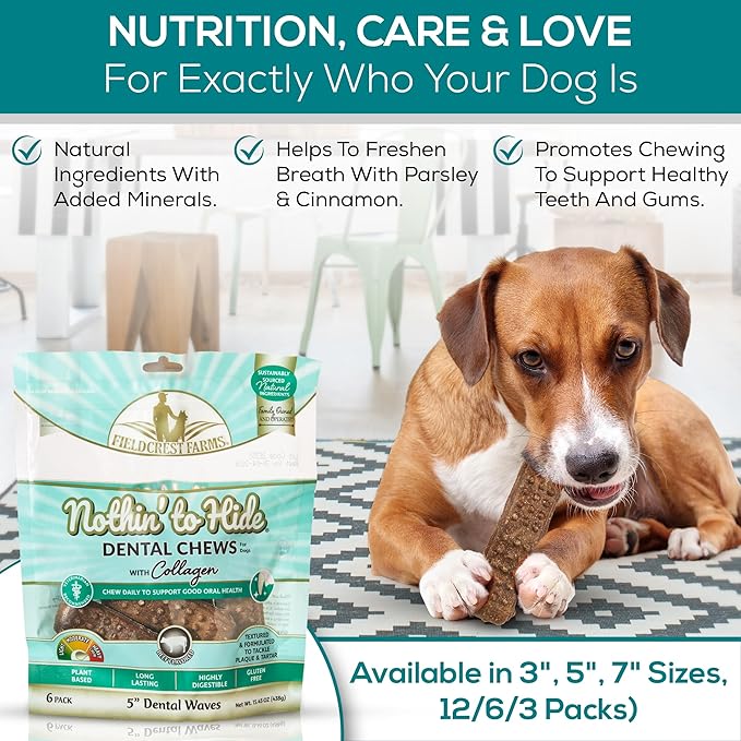 Fieldcrest Farms Dental Chews for Dogs, Wave (7inches, 3count Pack) – Tackles Plaque, Tartar, Promotes Dental Health – w/Collagen, Organic, Gluten-Free