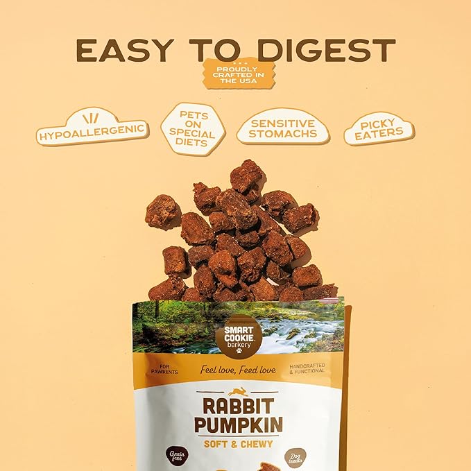 Smart Cookie All Natural Dog Treats - Rabbit & Pumpkin - Training Treats for Dogs with Allergies or Sensitive Stomachs - Soft Dog Treats, Grain Free, Chewy, Human-Grade, Made in USA - 5oz, Pack of 3