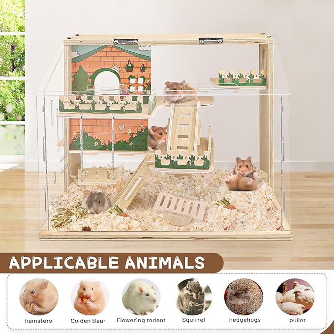 Wooden Hamster Cage Large, 16-Inch 3-Layer Acrylic Hamster Cage, Small Animal Cages with Platform and Playpen for Direct Observation, Pet Supplies