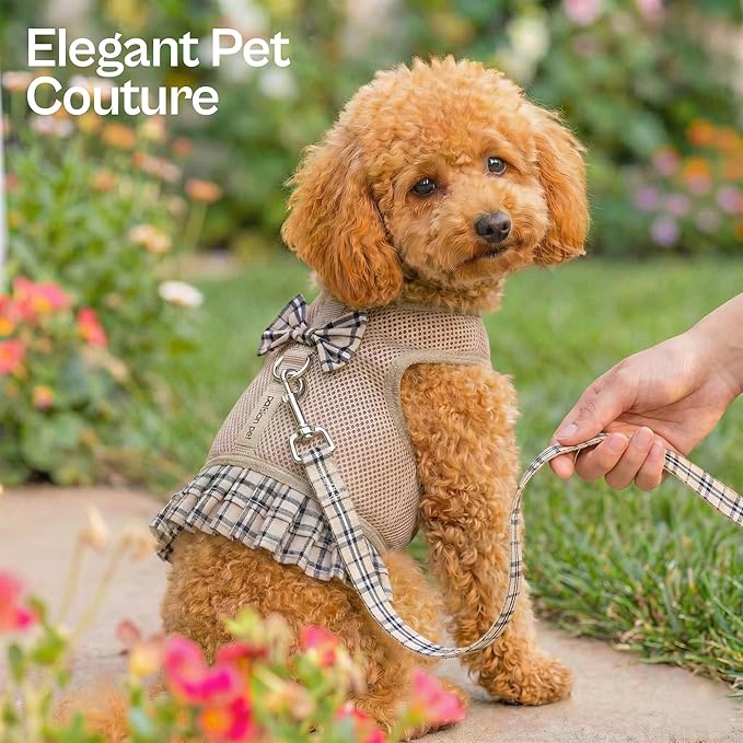 Parisian Pet Plaid Khaki Dog Harness Dress - Breathable No Pull Puppy Dress with Leash Ring - 100% Mesh Fabric Harnesses for Dogs - Soft Padded Step in Pet Vest - Dog Harness Medium Sized Dogs