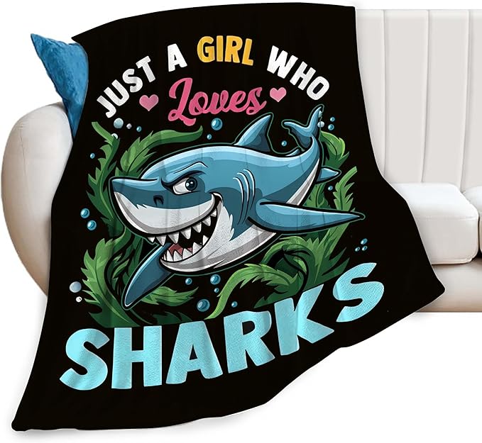 Just A Girl Who Love Sharks Blanket Ocean Sharks Decor Throw Blanket Gifts for Girls Boys Super Warm Soft Plush Fleece Flannel Blanket Winter Couch Bedding Blanket for Adults Kids Women Men 50"X40"