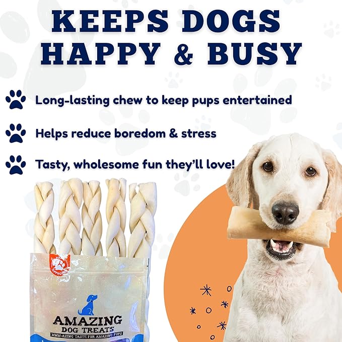 Amazing Dog Treats - Beef Cheek Braids Dog Chew (10-12 Inch - 25 Count) - NO Odor - Rawhide Alternative - Beef Cheek Slice Chip Sticks - No Dyes, Chemicals, or Preservatives