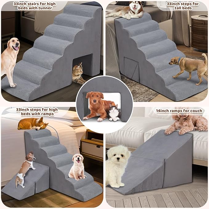 7-Step Dog Stairs for High Bed 30-36" H, Dog Steps for High Bed Couch, Pet Steps for Small, Older Pets, Non-Slip Balanced Pet Ramp Indoor, Grey
