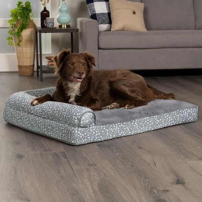 Furhaven Memory Foam Dog Bed for Large Dogs w/ Removable Bolsters & Washable Cover, For Dogs Up to 95 lbs - Plush & Almond Print L Shaped Chaise - Gray Almonds, Jumbo/XL
