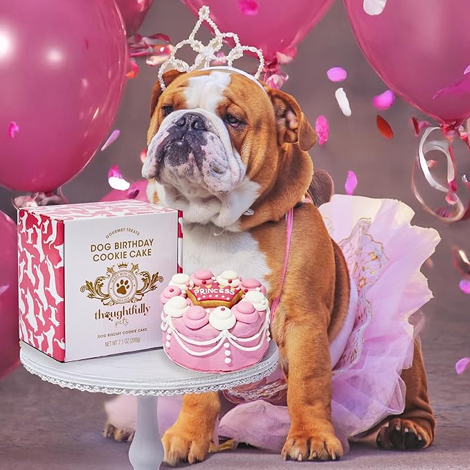 Thoughtfully Pets, Pink Princess Dog Birthday Gourmet Mini Cookie Cake, Peanut Butter Flavored, Hand Decorated Hollow Biscuit Cake for Any Breed