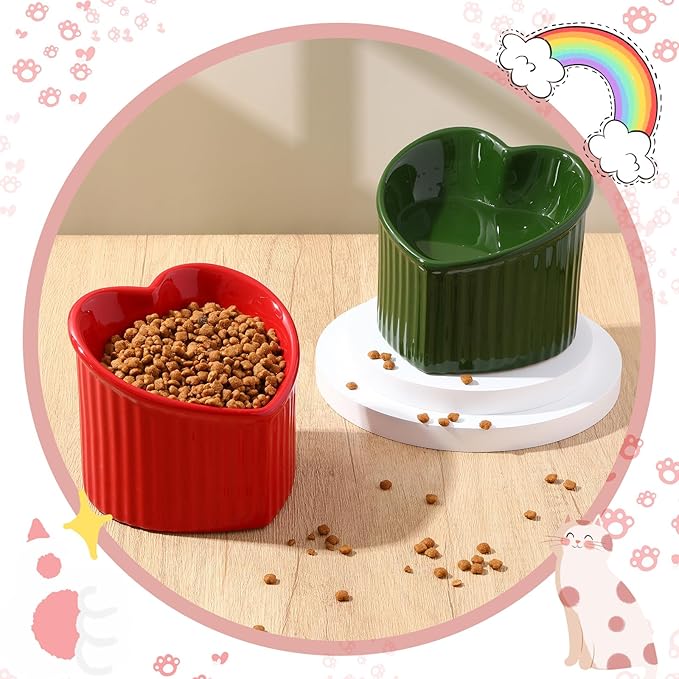 Mumufy 2 Pcs Ceramic Elevated Cat Bowls Tilted Elevated Raised Pet Bowls Anti Vomit Cat Dish for Indoor Stress Free Water Dish Feeder for Puppies, Heart Shaped (Red, Green)
