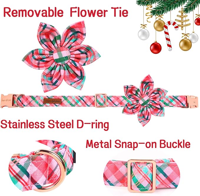 Unique style paws Cotton Dog Collar with Bow Christmas Puppy Collar with Red Green Plaid for Small Medium Large Boys Girls Dogs
