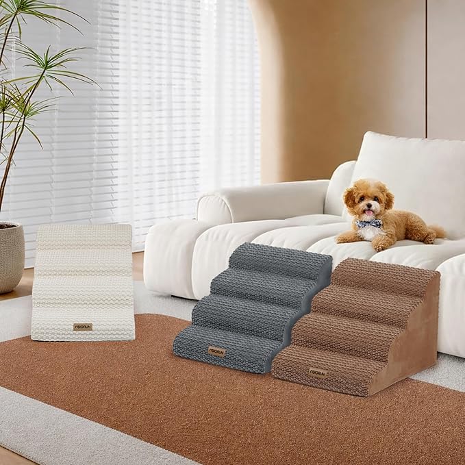Extra Wide 4-Step Dog Stairs for Bed & Couch 18" H, More Stable Non-Slip Pet Steps with Balanced Foam Structure and Gentle Slopes, Stylish Indoor Dog Steps for Small & Medium Dogs, Gray