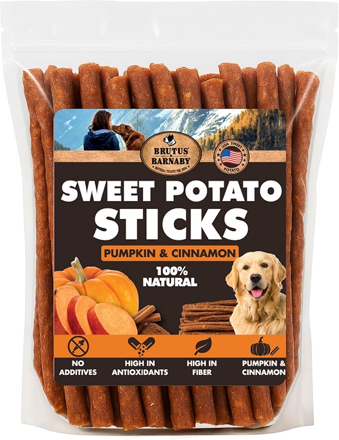 BRUTUS & BARNABY USA Sweet Potato Dog Treats - Grain Free, Cinnamon Pumpkin Crunchy Sticks are Great Tasting, Promotes Positive Dog Gut Health with Natural Anti-Diarrhea Properties,(2lb Bag)