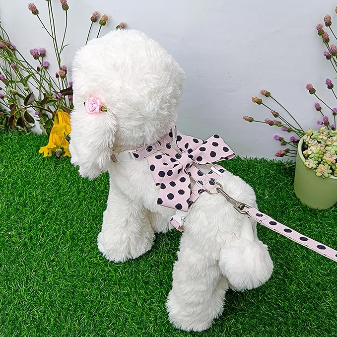 Cat Harness and Leash Set, Sweet Bow Kitten Collar, Escape Proof Pink Dog Harness, Cute Polka Dot Print Puppy Collar, Girl Dog Leash for Extra Small Dogs Kittens Outdoor Walking (Pink, S)