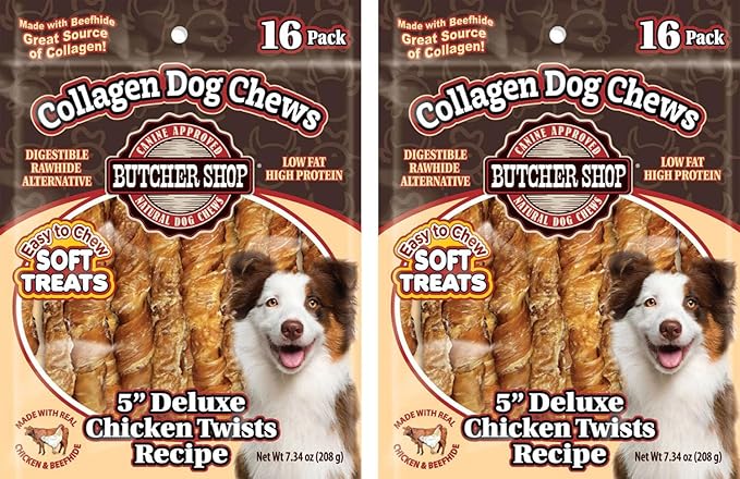 Butcher Shop Collagen Dog Chews 5” Deluxe Chicken Twists Dog Treats (2 Pack - 7.34 oz per Pack)